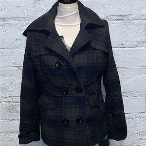 Vintage navy gray tartan Plaid Belted double breasted Wool pea Coat and hood